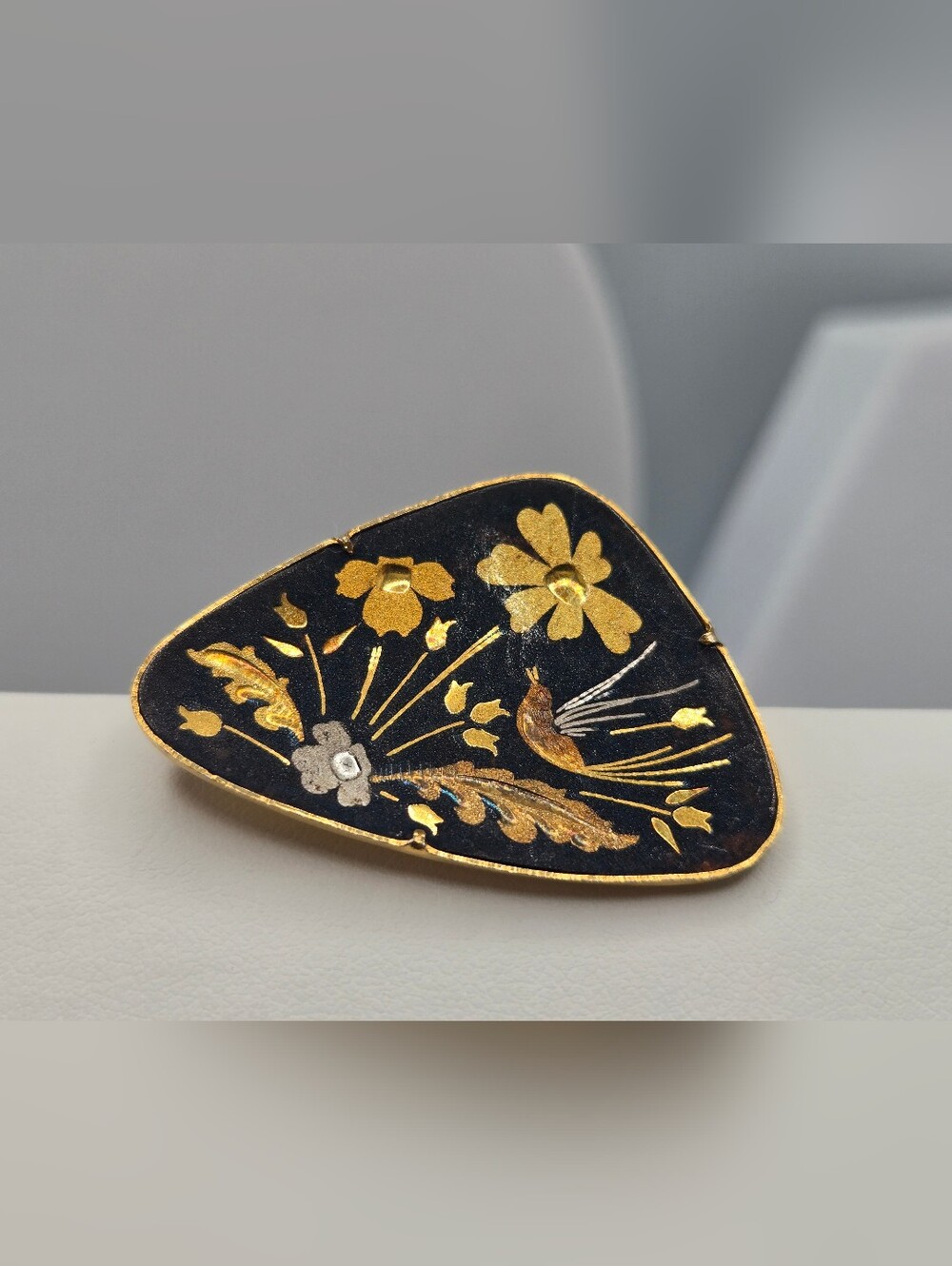 Vintage Spanish Damascene Brooch Bird Floral Toledo Style Gold Silver Inlay